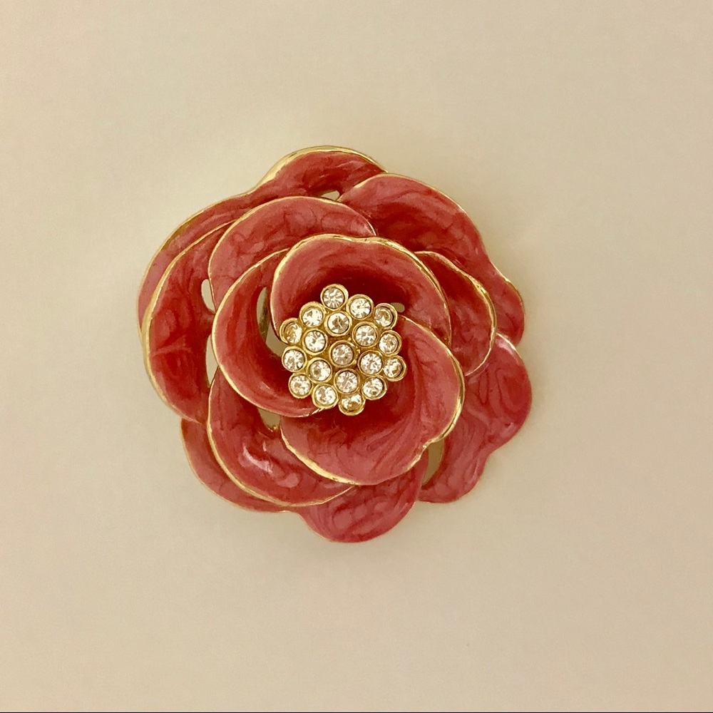 Vintage Pink and Rhinestone Flower Brooch